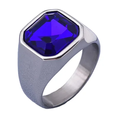 Anillo Sello Cuadrado con Zirconia Azul, Acero Inoxidable