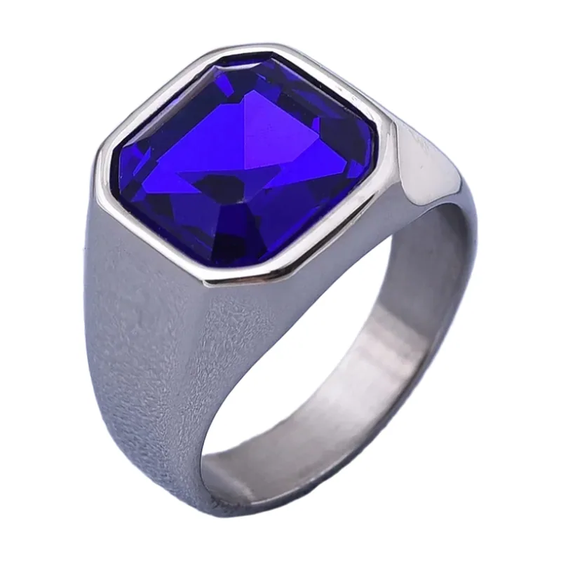 Chevalière Carrée avec Zirconia Bleu, Acier Inoxydable