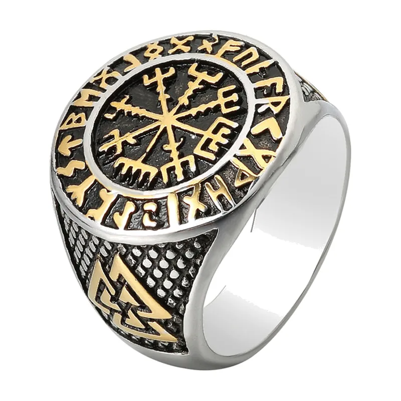 Vegvisir Kompass-Ring mit Valknut und Runen, Edelstahl