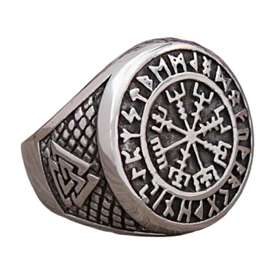 Anillo Sello Vikingo Vegvisir con Valknut y Runas, Acero Inoxidable