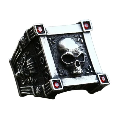 Anillo Sello de Calavera con Piedras Rojas, Acero Inoxidable
