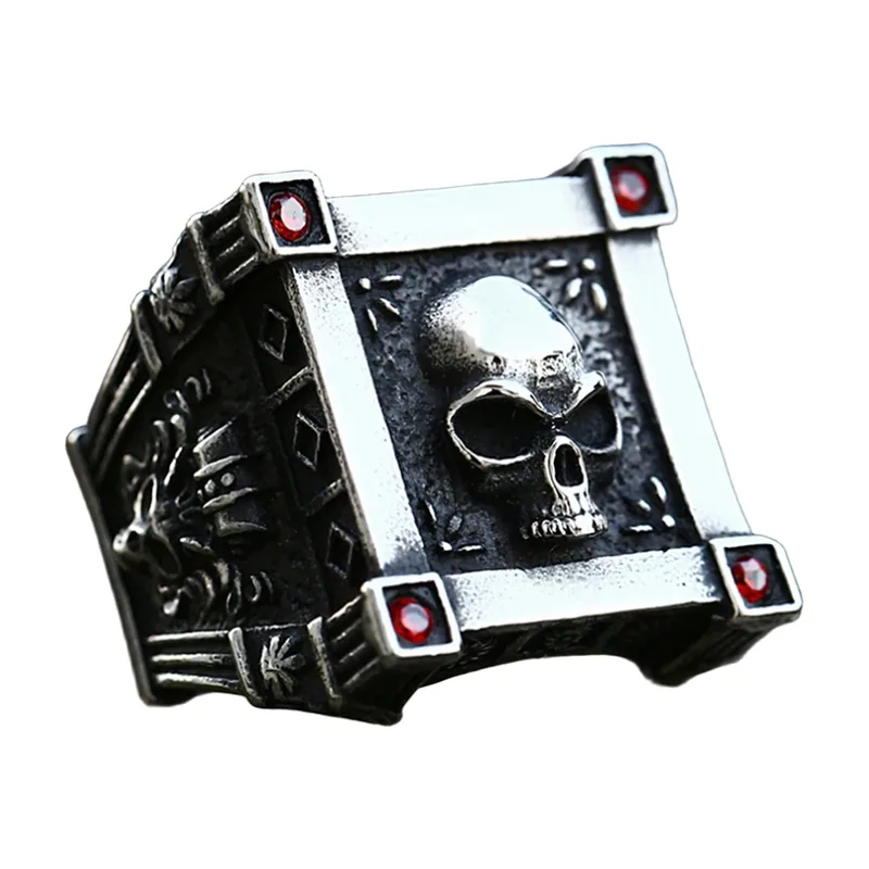 Anello Sigillo con Teschio e Pietre Rosse, Acciaio Inossidabile