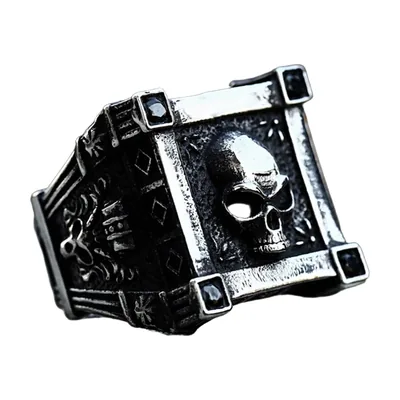 Anillo Sello de Calavera con Circonia Negra, Acero Inoxidable
