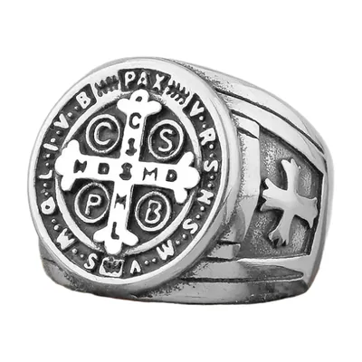 Round Signet Ring with Religious Cross Motif, Stainless Steel