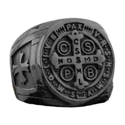 Signet Ring with Cross and Circular Engravings, Stainless Steel