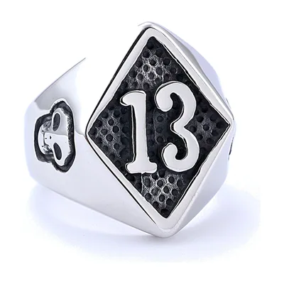 Rhombus Signet Ring with Skull and Number 13, Stainless Steel
