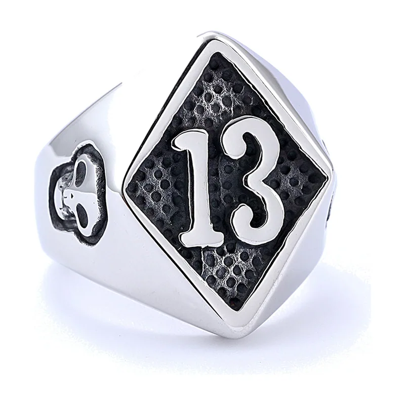 Anello Sigillo con Teschio e Numero 13, Acciaio Inossidabile