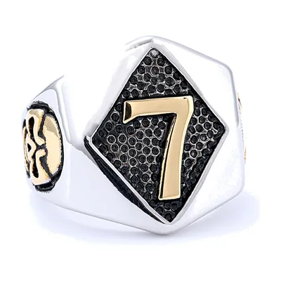 Signet Ring with Number 7 and Black Cubic Zirconia, Stainless Steel