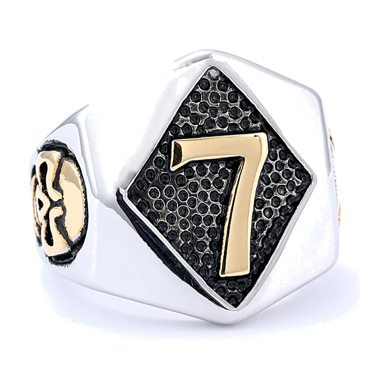 Chevalière avec Chiffre 7 et Zirconia Noir, Acier Inoxydable