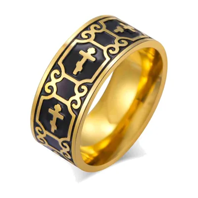Anillo de Cruz Religiosa con Esmalte Negro, Acero Inoxidable