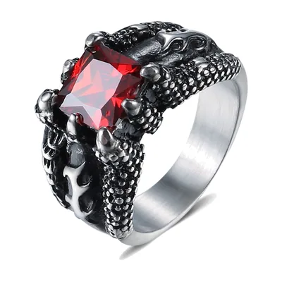Anillo Sello Garra de Dragón con Piedra Roja, Acero Inoxidable