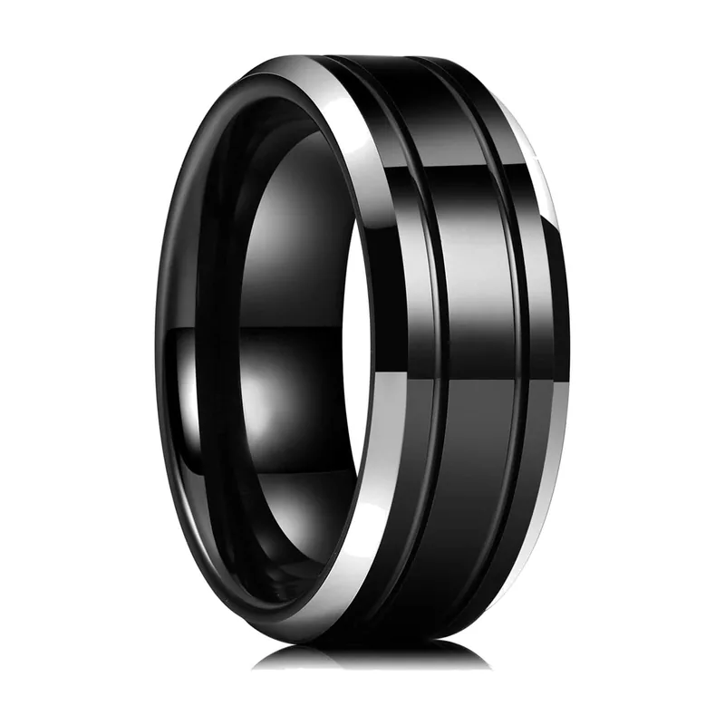 Bevelled Edge Band Ring with Double Groove, Stainless Steel