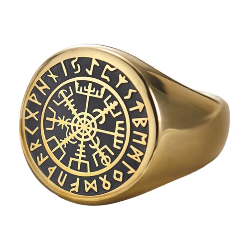 Vegvisir Nordischer Kompass Siegelring mit Runen, Edelstahl