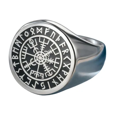 Vegvisir Nordic Compass Signet Ring with Runes, Stainless Steel