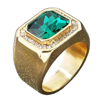Square Signet Ring with Green Stone and Cubic Zirconia, Stainless Steel