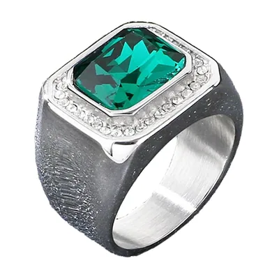 Square Signet Ring with Green Cubic Zirconia, Stainless Steel