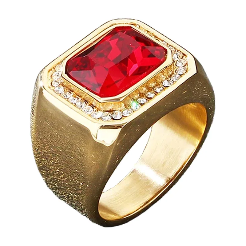 Chevalière carrée avec pierre rouge et zircone, acier inoxydable