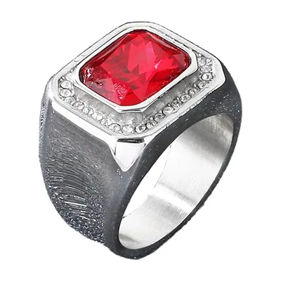 Square Signet Ring with Red Cubic Zirconia, Stainless Steel