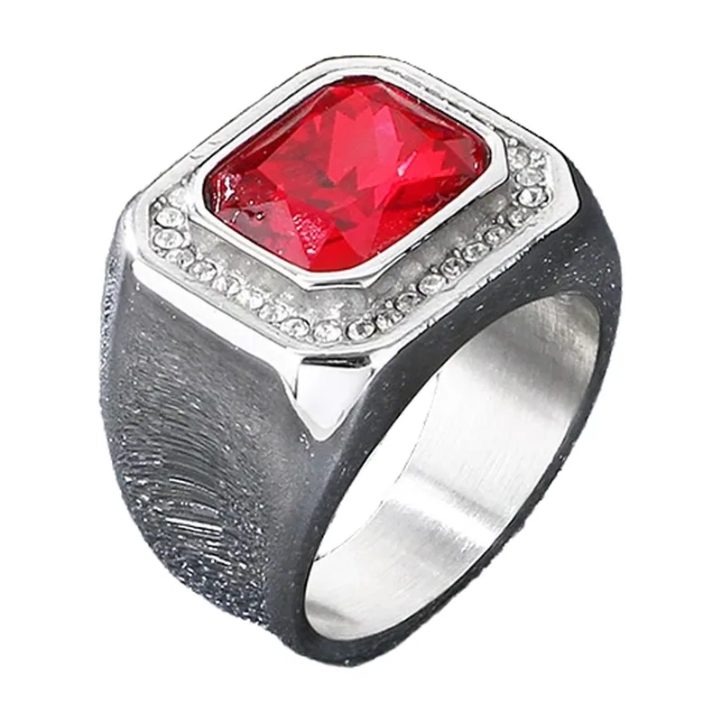 Chevalière Carrée avec Zircone Rouge, Acier Inoxydable