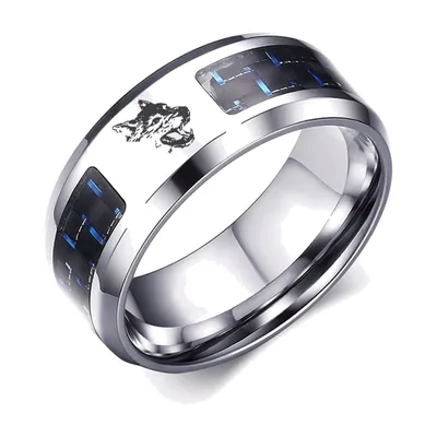 Wolf Ring mit blauen Carbon-Inlays aus Edelstahl