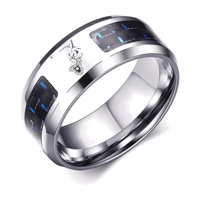 Wolf Head Engraved Ring with Blue Carbon Fiber, Stainless Steel