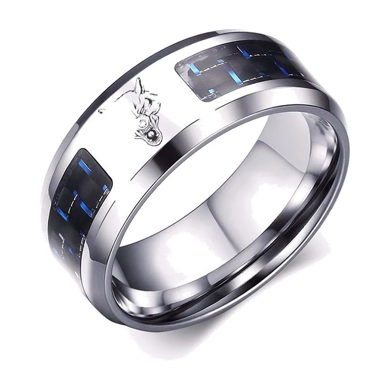 Wolf Head Engraved Ring with Blue Carbon Fiber, Stainless Steel