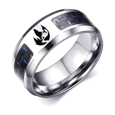 Wolf Engraved Band with Blue Carbon Fibre, Stainless Steel