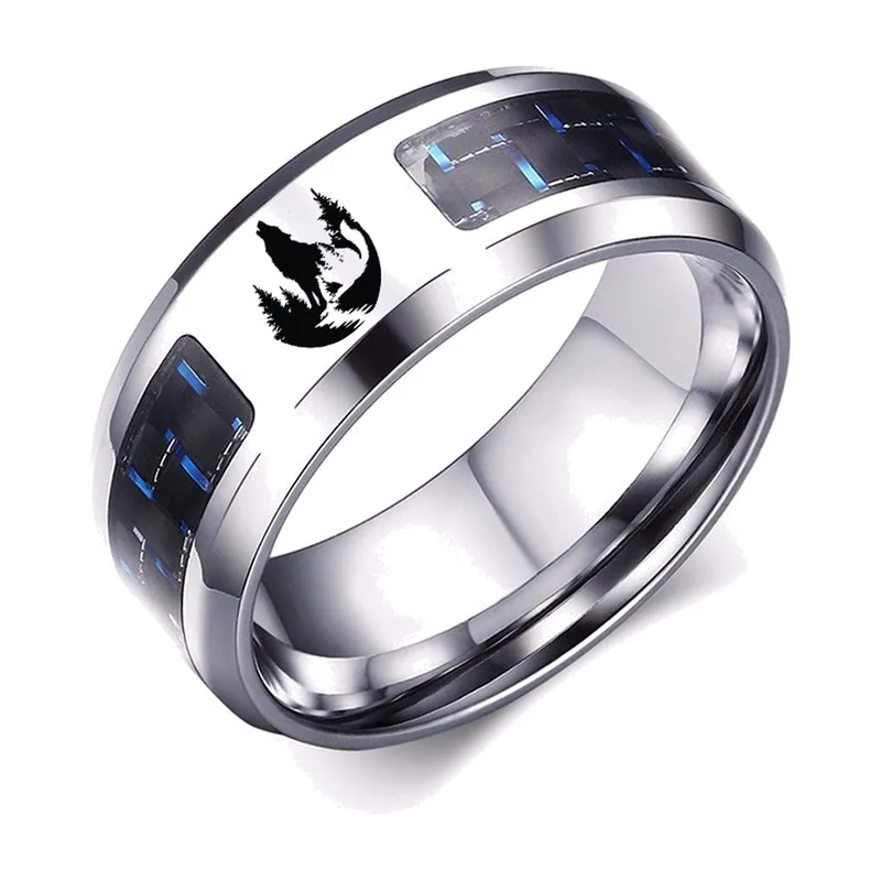 Wolf Ring mit blauen Carbon-Inlays, Edelstahl
