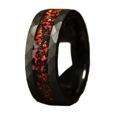 8mm Band Ring with Red Stones and Black Finish, Stainless Steel