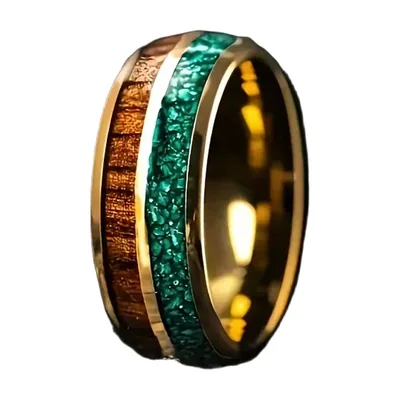 Inlay Band Ring with Green Stones, Stainless Steel