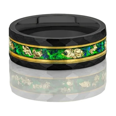 Band Ring with Green and Gold Fragment Inlay, Stainless Steel
