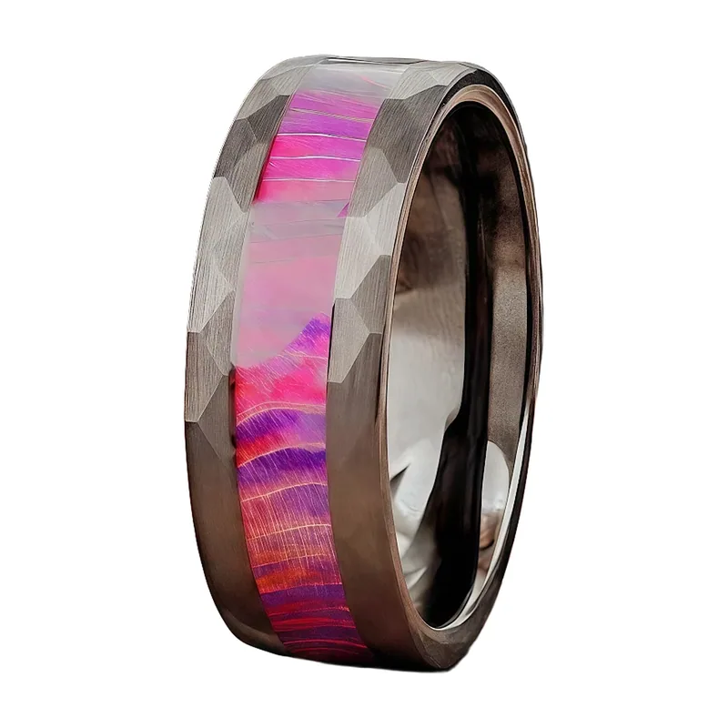 Geometric Band Ring with Red Stone Inlay, Stainless Steel
