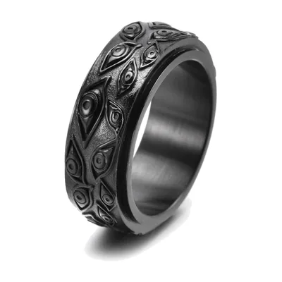 Anillo spinner con motivo de ojo, acero inoxidable negro mate