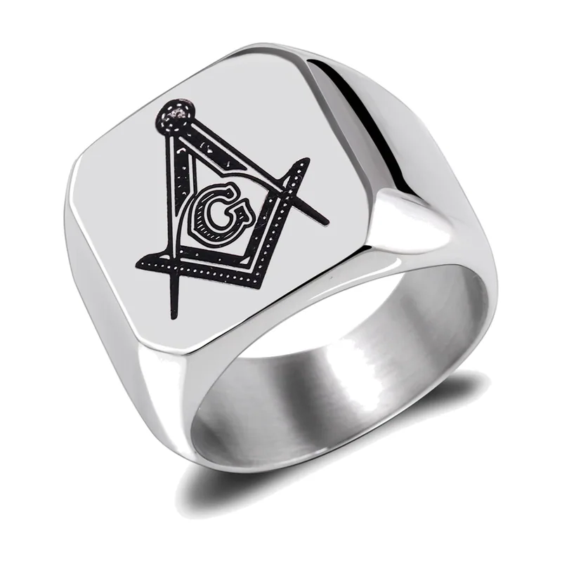 Anello Sigillo Massonico con Squadra e Compasso, Acciaio Inox