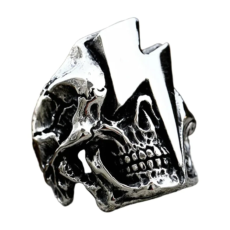 Skull Ring with Lightning Bolt, 316L Stainless Steel