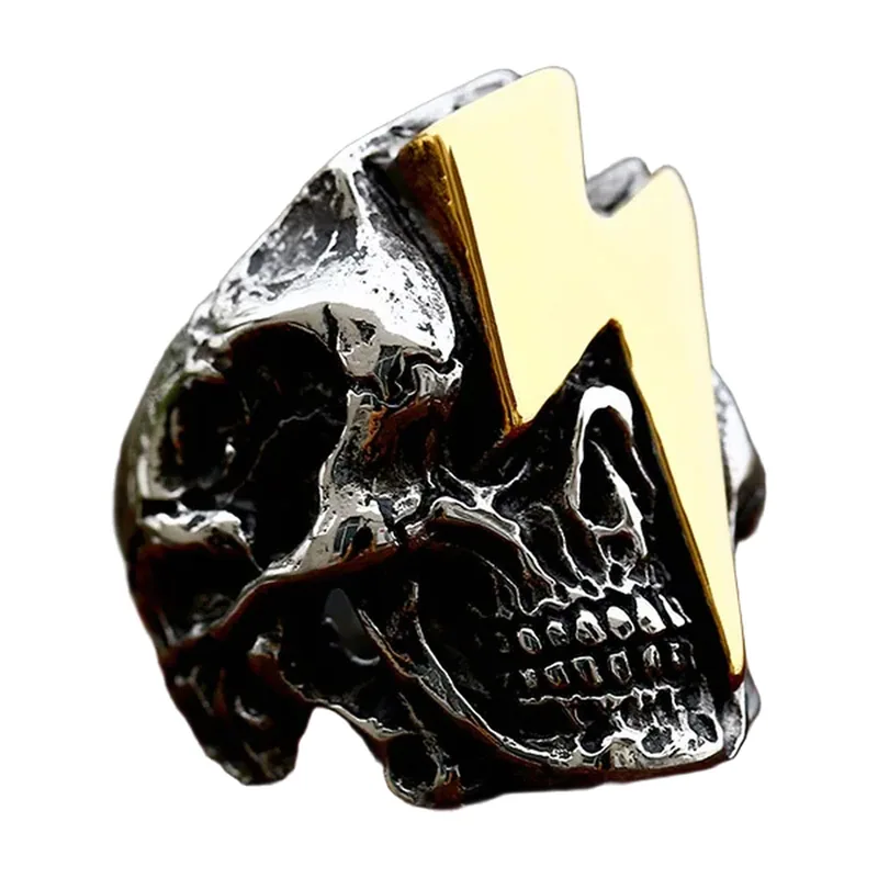 Totenkopf-Ring mit goldfarbenem Blitz, Edelstahl
