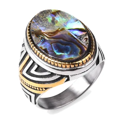 Anillo Sello Ovalado con Abalone, Acero Inoxidable