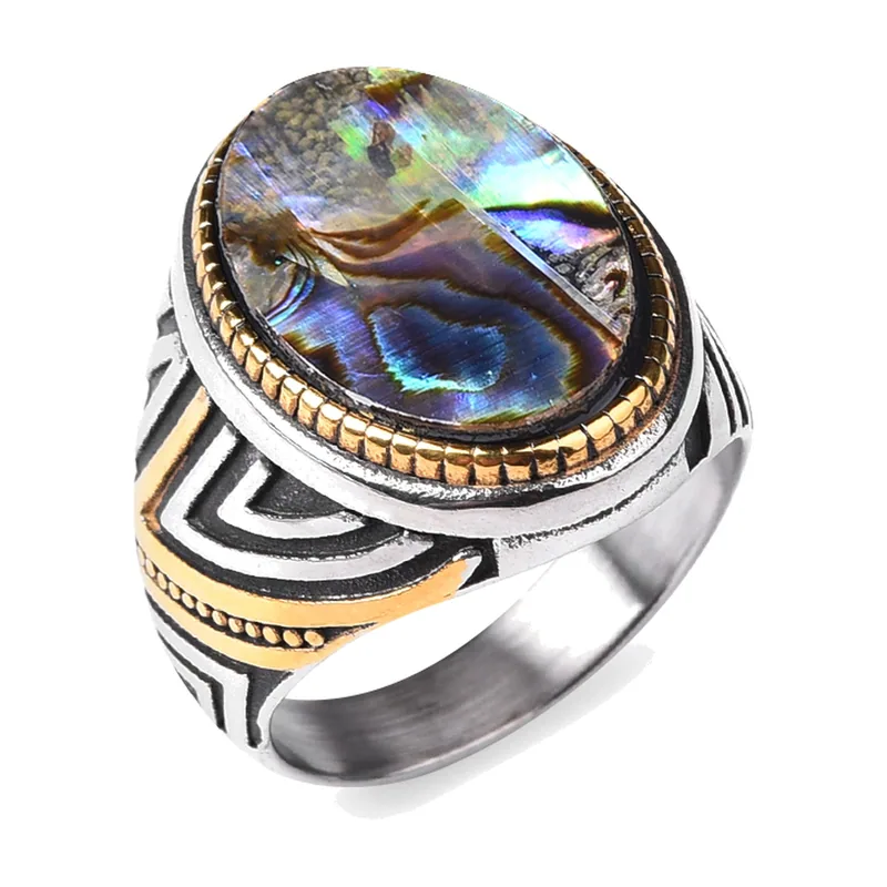 Anillo Sello Ovalado con Abalone, Acero Inoxidable