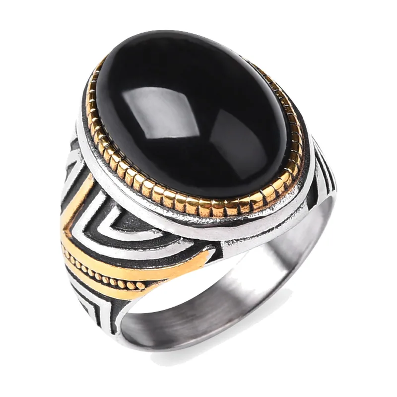 Anillo Sello con Ónix Negro, Acero Inoxidable
