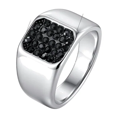 Square Signet Ring with Black Cubic Zirconia, Stainless Steel