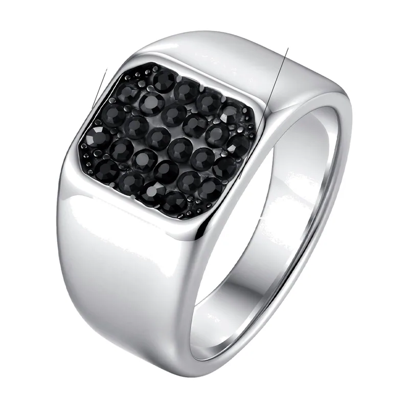 Anello Sigillo con Zirconia Nera, Acciaio Inossidabile