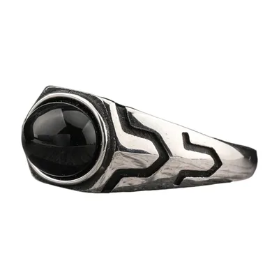 Bague Chevalière Ovale avec Pierre Noire, Acier Inoxydable