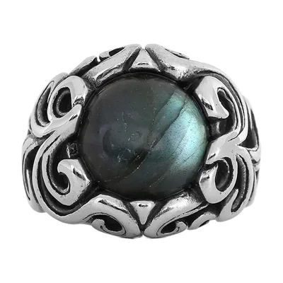 Herren Statement-Ring mit dunkelgrauem Stein und Schnörkeln, Edelstahl