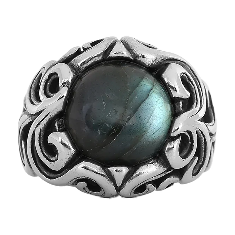 Herren Statement-Ring mit dunkelgrauem Stein und Schnörkeln, Edelstahl