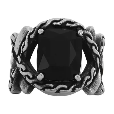 Bague Chevalière Carrée avec Zircone Noire, Acier Inoxydable