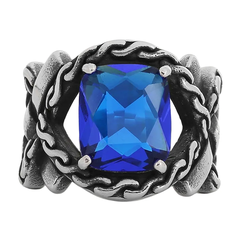 Herren Siegelring mit blauem Stein und Tau-Motiv, Edelstahl