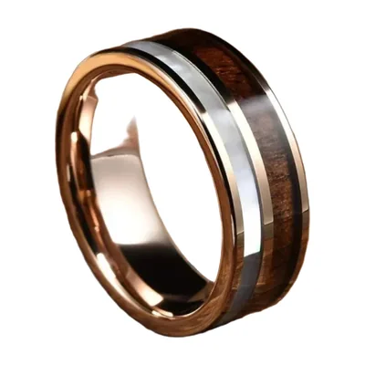 Bague 8mm avec Incrustation de Bois Koa, Acier Inoxydable Doré