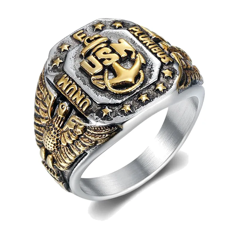 Anello Sigillo Aquila con Accenti Oro, Acciaio Inossidabile 316L