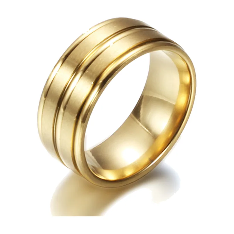 Bague à Rainures Dorée pour Homme, Acier Inoxydable 316L