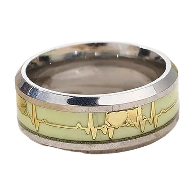 Bague avec ligne ECG Heartbeat et motif cœur, acier inoxydable